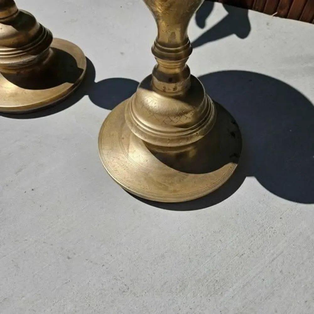 Vintage Pair of XLarge Etched Brass Floor Candle Holders